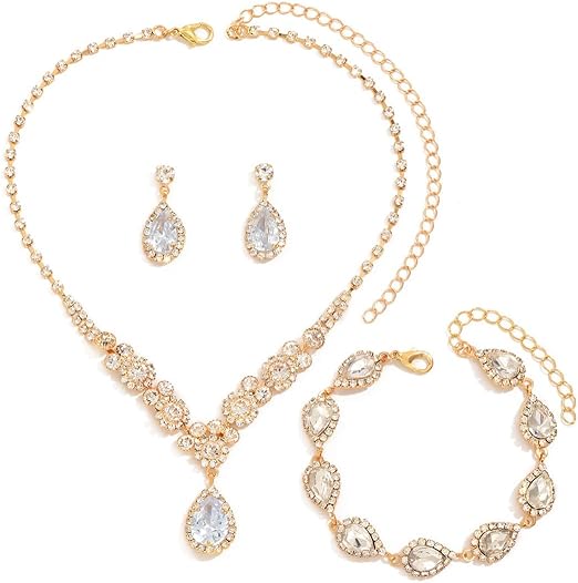 FDEETY Jewelry Sets for Women Rhinestone Necklace Bracelet Dangle Earrings for Bride Bridesmaid Crystal Cubic Zirconia Bridal Wedding Jewelry