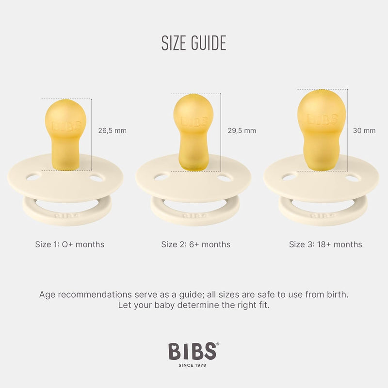 BIBS Dummies Colour 4-Pack, BPA Free Dummy Pacifier, Round Nipple Soothers, Natural Rubber Latex, Made in Denmark, Size 1 (0-6 Months), Cloud