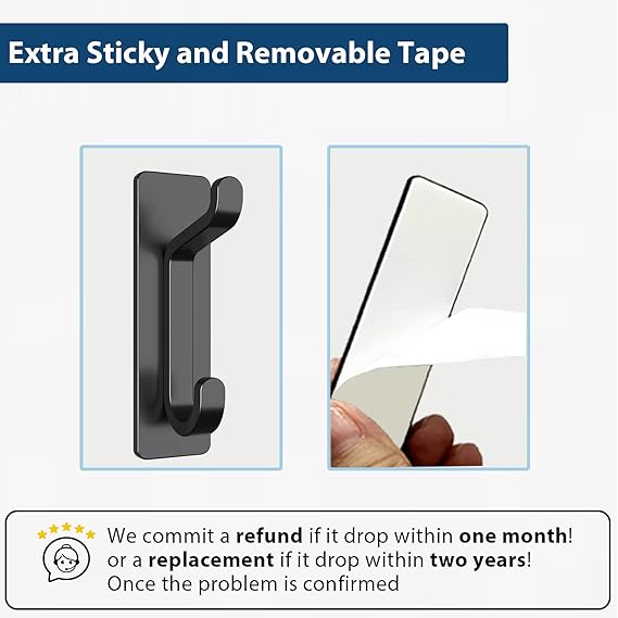 Self Adhesive Hooks, Extra Sticky and Strong, Hanging up to 6KG, Heavy Duty Stick on, No-Nail Hook for Back of Door, Black, 4 Pack