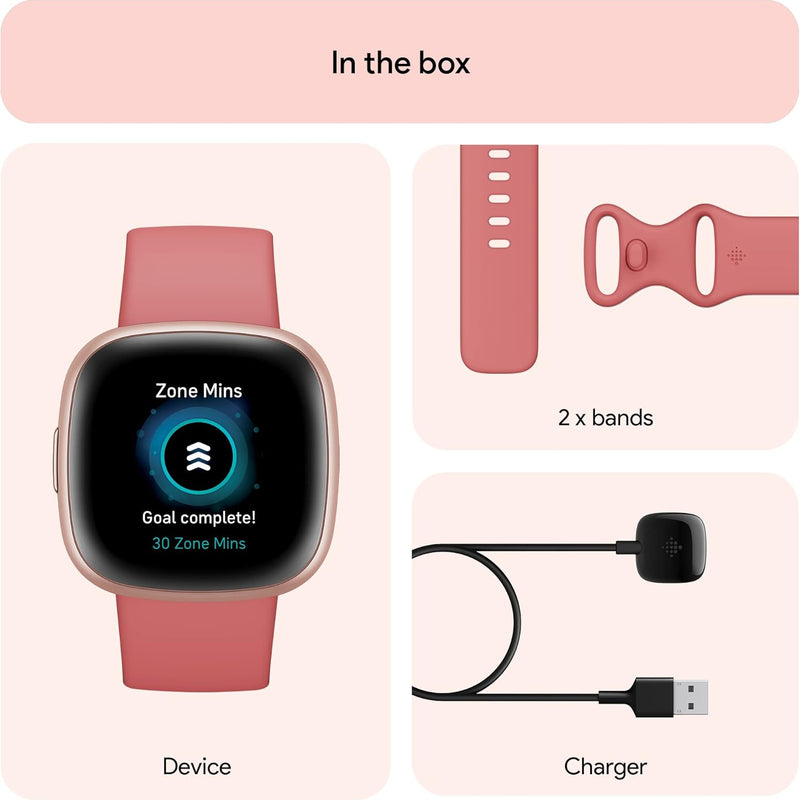 Fitbit Versa 4 Fitness Smartwatch with Daily Readiness, GPS, 24/7 Heart Rate, 40+ Exercise Modes, Sleep Tracking and more, Pink Sand/Copper Rose, One Size (S & L Bands Included)