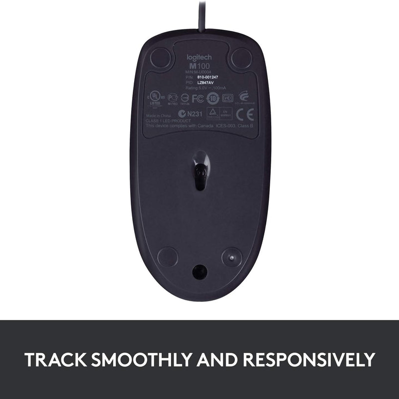 Logitech B100 Wired USB Mouse, 3-Buttons, Optical Tracking, Ambidextrous PC / Mac / Laptop - Black