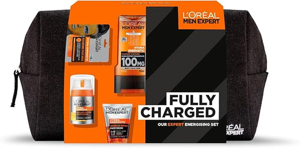 L'Oréal Paris Men Expert Fully Charged Washbag Gift Set For Him, Energising Face & Body Skincare Routine, Deep Cleanse, Revitalising, Gift Set for Men