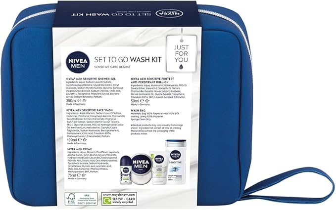 NIVEA MEN Set To Go Wash Kit Gift Set (5 Pieces), Men's Gift Set Includes Shower Gel, Face Wash, Anti-Perspirant Roll-On, Moisturising Cream and Hanging Wash Bag