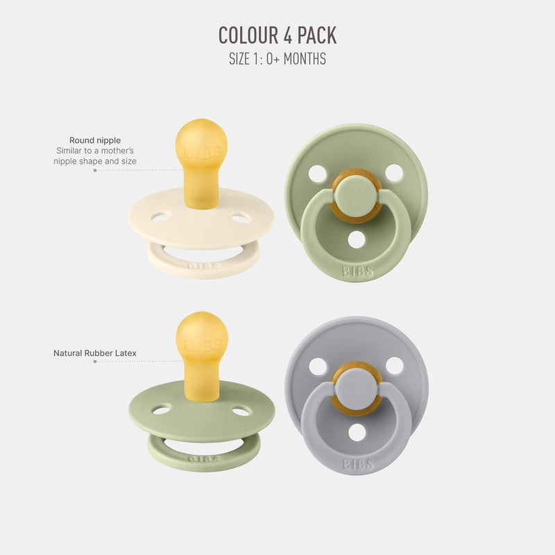BIBS Dummies Colour 4-Pack, BPA Free Dummy Pacifier, Round Nipple Soothers, Natural Rubber Latex, Made in Denmark, Size 1 (0-6 Months), Cloud