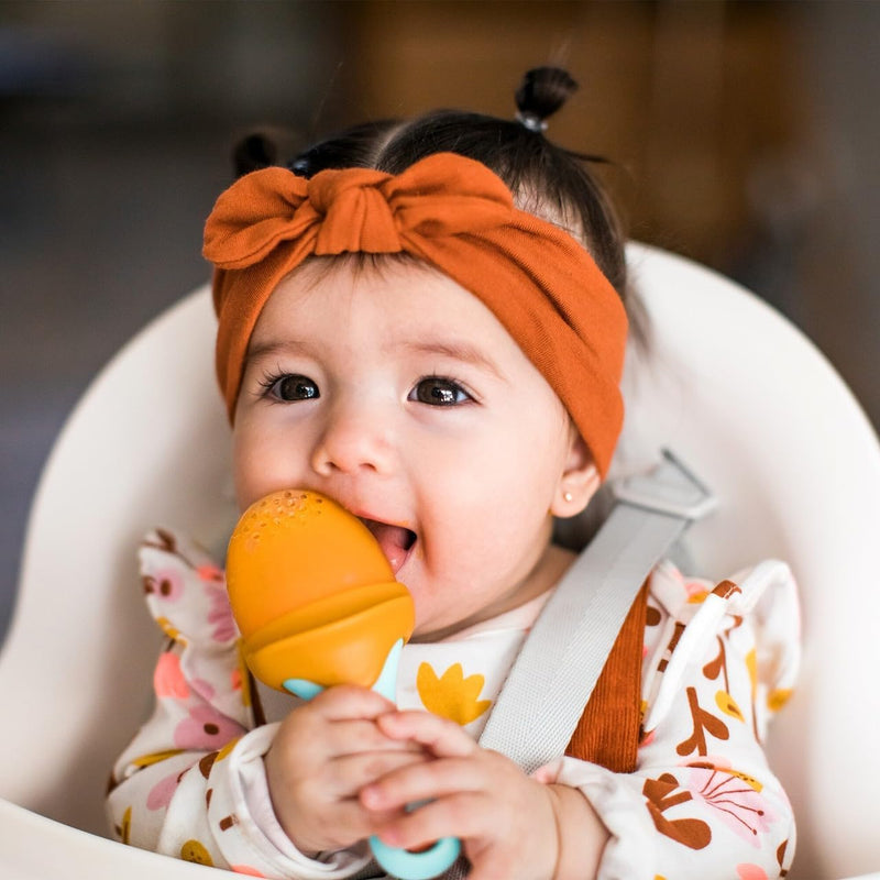 Boon Pulp Silicone Baby Fruit Feeder - Soft Silicone Baby Feeding Set - Fruit and Vegetable Baby Led Weaning Supplies - Baby Feeding Essentials - Orange/Mauve and White/Mauve- 2 Count