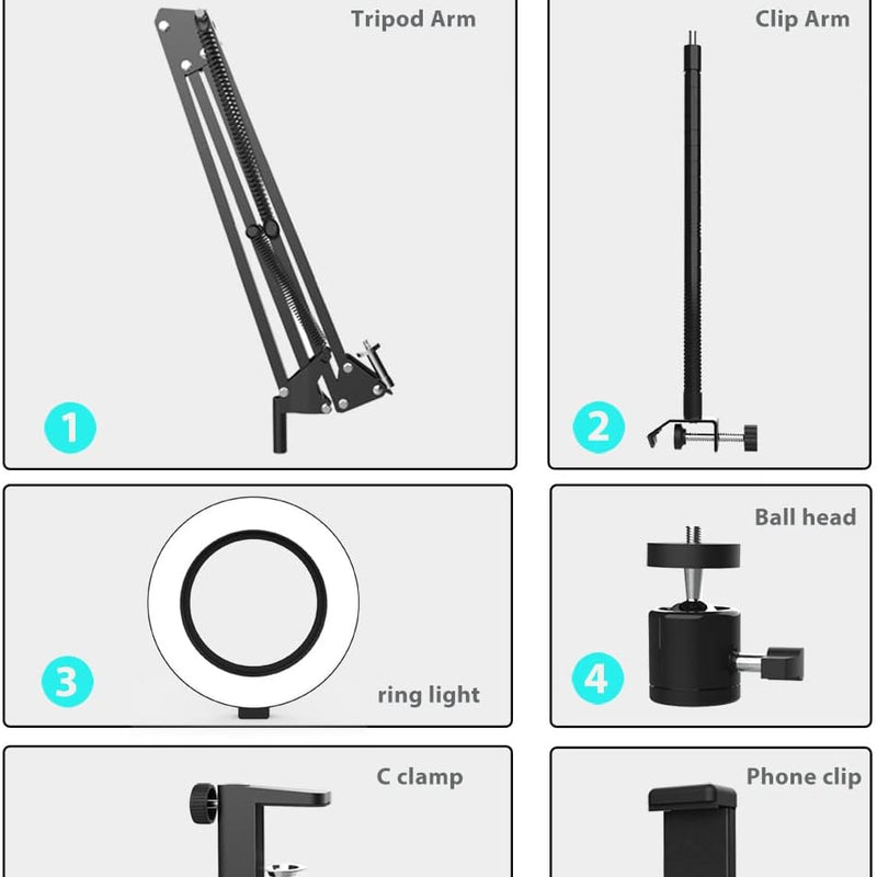Overhead Phone Mount with Ring Light, Flexible Articulating Phone Arm Stand Compatible with iPhone, Logitech Webcam, Desk Tripod for YouTube Live Stream Cooking Nail Video Recording