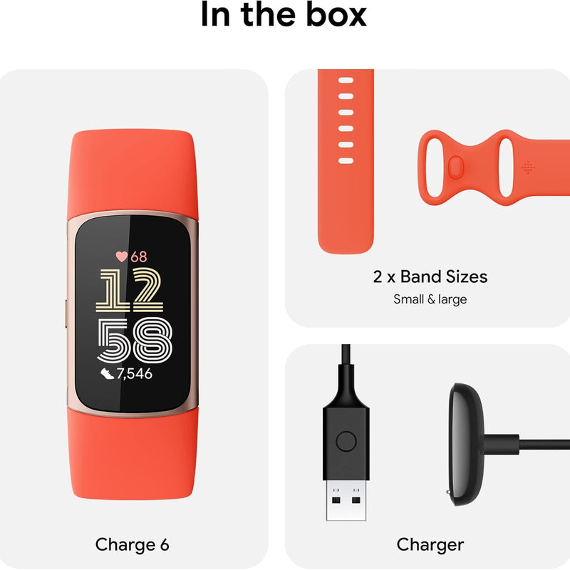Fitbit Charge 6 Fitness Tracker with Heart Rate, GPS, Premium Membership, and Health Tools - Gold Case w/ Red Band, 1.04 Screen