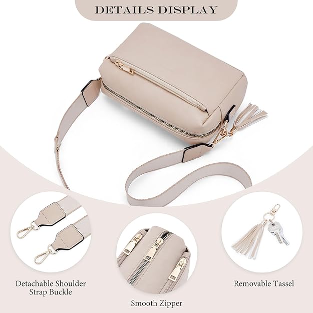 Roulens Small Crossbody Bag with 3 Zip Compartments,Vegan Leather Phone Bag for Women,Shoulder Bag with Adjustable and Removable Wide Strap