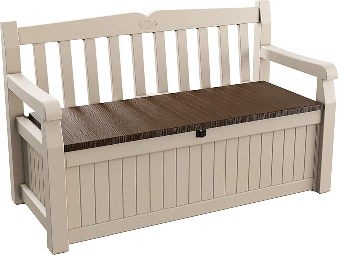 Keter Eden Bench 265L Outdoor 60% recycled Garden Furniture Storage Box Beige & Brown Wood Panel Effect | Fade Free | All Weather Resistant | Safe and Secure | Zero Maintenance | 2 year Warranty