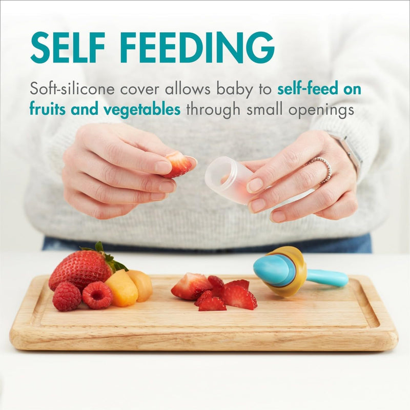 Boon Pulp Silicone Baby Fruit Feeder - Soft Silicone Baby Feeding Set - Fruit and Vegetable Baby Led Weaning Supplies - Baby Feeding Essentials - Orange/Mauve and White/Mauve- 2 Count