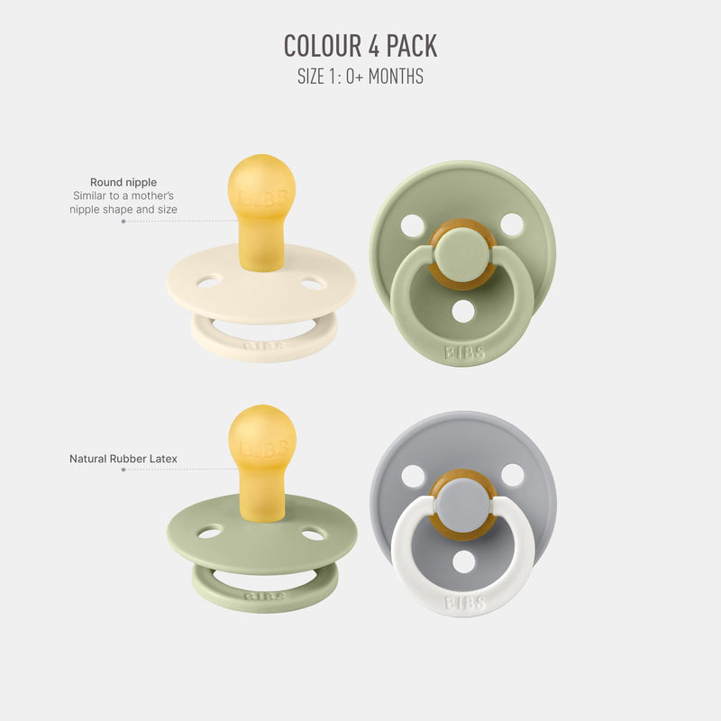 BIBS Dummies Colour 4-Pack, BPA Free Dummy Pacifier, Round Nipple Soothers, Natural Rubber Latex, Made in Denmark, Size 1 (0-6 Months), Cloud