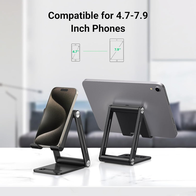 UGREEN Phone Stand Desk Foldable Holder Adjustable Portable Mobile Travel Table Mount Aluminum Compatible for iPhone 16 Pro Max 15 Plus 14 13 12,Galaxy S24 Ultra,Redmi Note 13,Pixel 9,iPad Mini(Black)