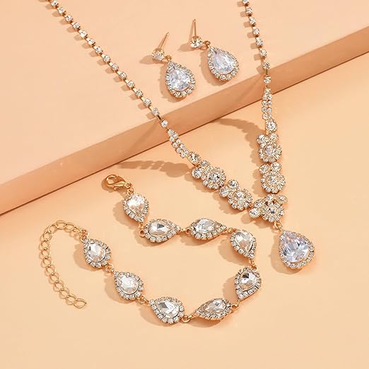 FDEETY Jewelry Sets for Women Rhinestone Necklace Bracelet Dangle Earrings for Bride Bridesmaid Crystal Cubic Zirconia Bridal Wedding Jewelry