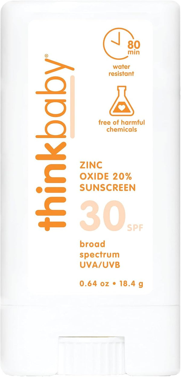 Thinkbaby SPF 30 Sunscreen Stick – Safe, Natural, Water Resistant Sun Cream for Babies, Kids & Adults – Vegan, Mineral UVA/UVB Sun Protection – Reef Friendly Travel Stick, 0.64oz