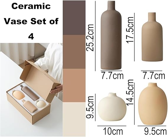Decorative Ceramic Vase Set, 4-Piece Neutral Tones, Modern Boho Design for Living Room, Entryway, Mantel (Neutral Earth Tone set 4)