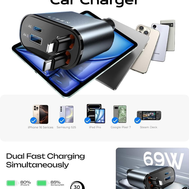 LISEN Retractable Car Charger Adapter 69W Cigarette Lighter USB Charger Travel Camping Essentials Campervan Back to School Supplies Mercedes, Fiat 500, Ford Fiesta Car Accessories Gifts for Men Women