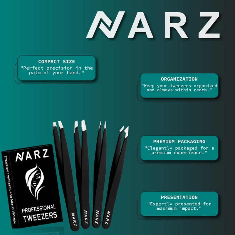 NARZ Professional Tweezers for Facial Hair Women & Men Stainless Steel Precision Tweezers for Ingrown Hair (4 Pcs)