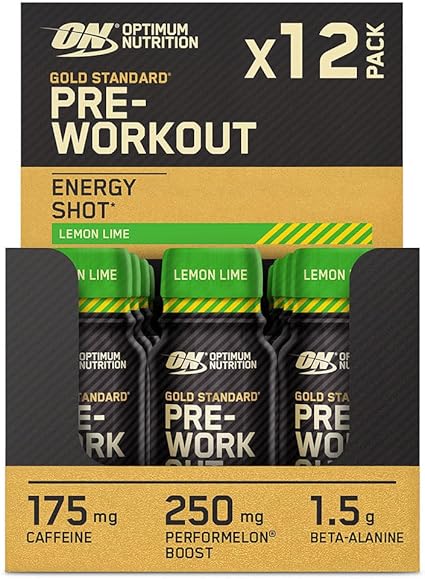 Optimum Nutrition Gold Standard Pre-Workout Energy Shot, Ready to Drink Food Supplement with Beta Alanine, Caffeine, PerforMelon Boost and Vitamin B6 and B12, Lemon Lime Flavour, 12-Pack, 12 x 60 ml