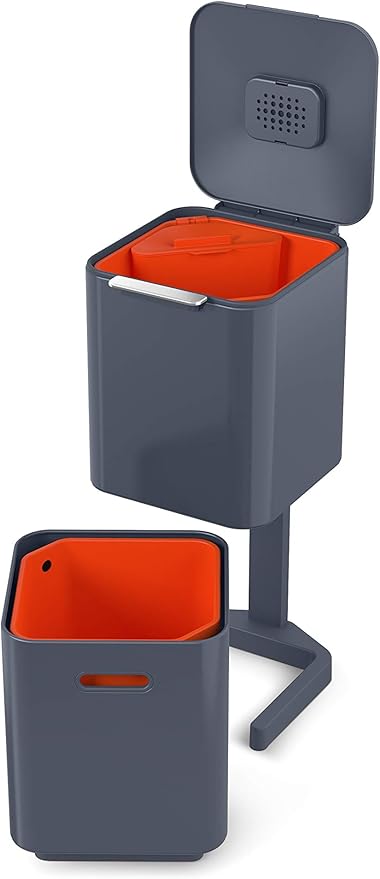 Joseph Joseph Totem Compact 40 Litre Waste Separation and Recycling Kitchen Bin with odour filter, Graphite