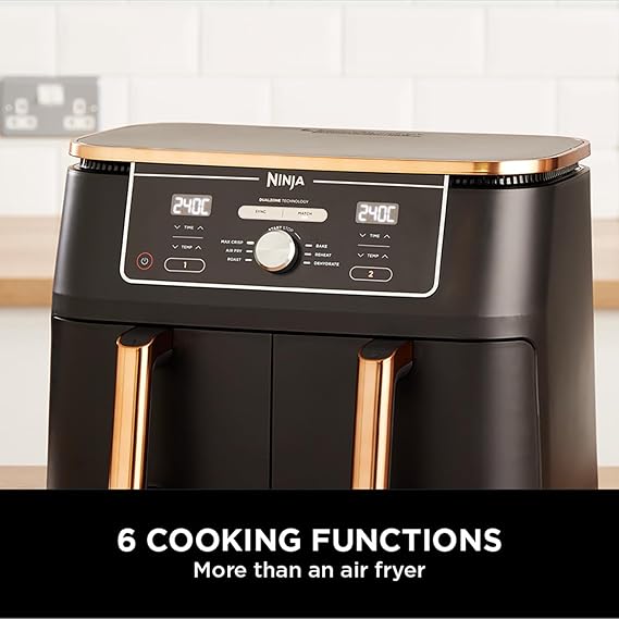 Ninja Foodi MAX Dual Zone Air Fryer, Amazon Exclusive, Tongs, 2 Drawers, 9.5L, 6-in-1, Use No Oil, Air Fry, Max Crisp, Roast, Bake, 8 Portions, Nonstick Dishwasher Safe Baskets, Copper/Black AF400UKCP