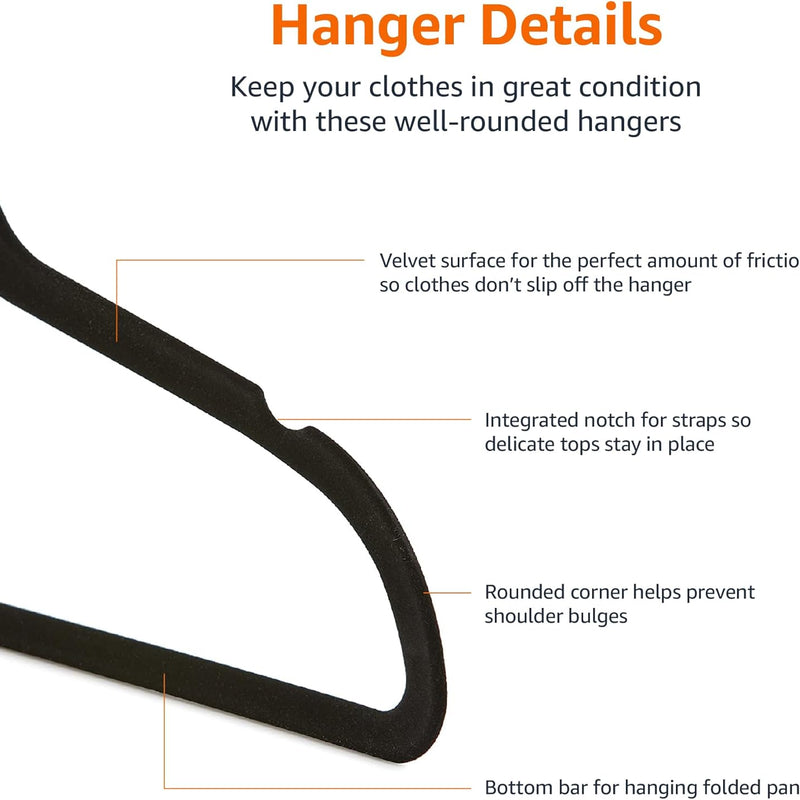 Amazon Basics Slim Velvet Non-Slip Suit Hangers - Pack of 50, Black