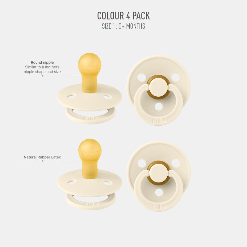 BIBS Dummies Colour 4-Pack, BPA Free Dummy Pacifier, Round Nipple Soothers, Natural Rubber Latex, Made in Denmark, Size 1 (0-6 Months), Cloud