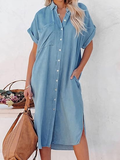 CUPSHE Dress for Women Bell Sleeve Button Down Dress Short Sleeve V Neck Casual Long Shirt Dresses