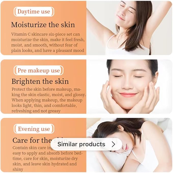Vitamin C Skincare Set, 6-Piece Facial Care Kit with Moisturising Cream, Cleanser, Essence Water, Eye Cream, Lotion and Serum