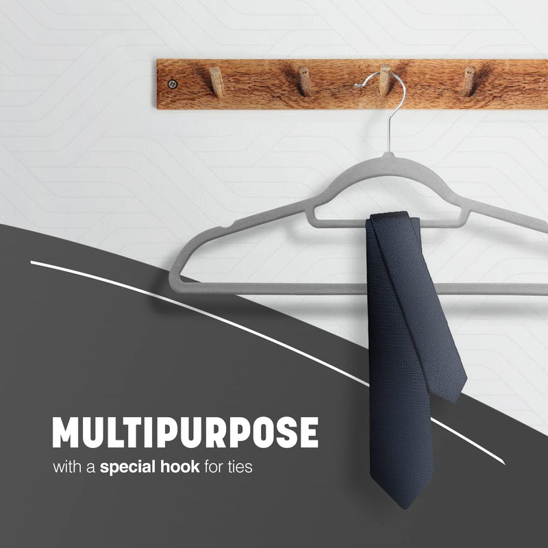 KEPLIN Velvet Hangers 20 Pack - Non-Slip Clothes Hangers with Tie Bar & 360° Hook - Durable & Sturdy, Space-Saving Wardrobe Organisers for Suits, Jackets & Clothes- Home Storage Solution (Grey)