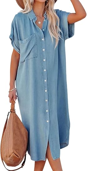 CUPSHE Dress for Women Bell Sleeve Button Down Dress Short Sleeve V Neck Casual Long Shirt Dresses