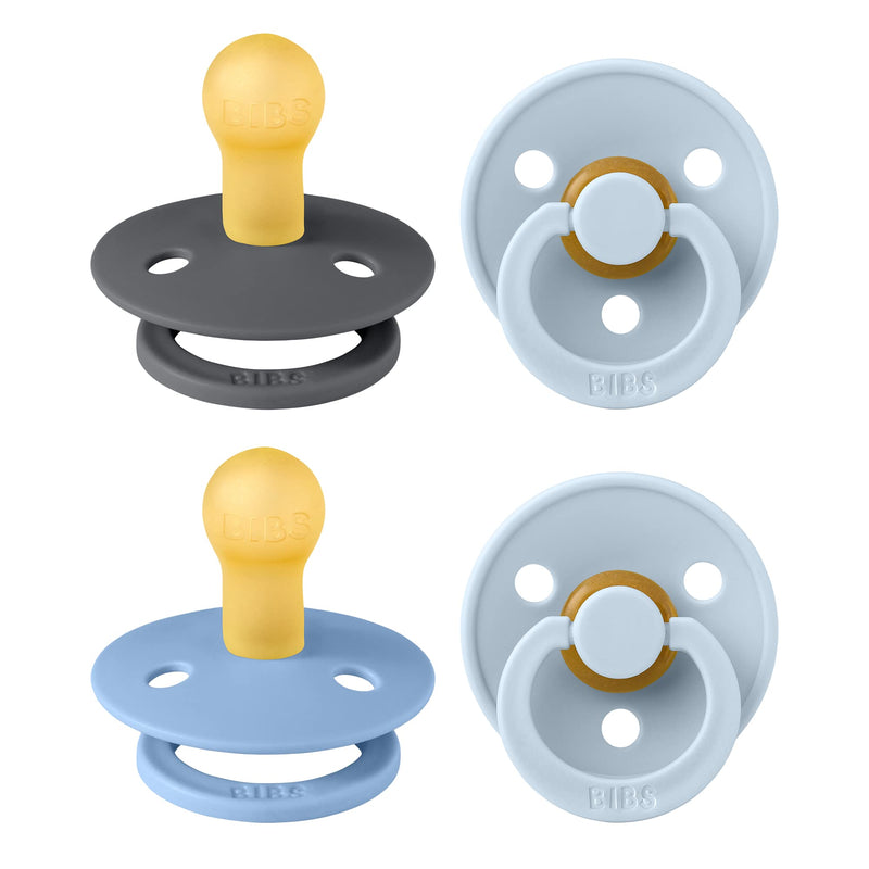 BIBS Dummies Colour 4-Pack, BPA Free Dummy Pacifier, Round Nipple Soothers, Natural Rubber Latex, Made in Denmark, Size 1 (0-6 Months), Cloud