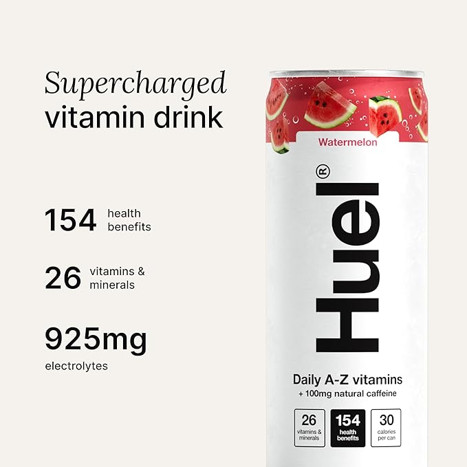 Huel Daily A-Z Vitamins Energy Drink, 12 x 330ml Cans, Watermelon Sparkling Multivitamin Energy Drink, Fizzy Drinks Made with Real Fruit, Rich in Electrolytes, Low Calorie, Caffeine Boost