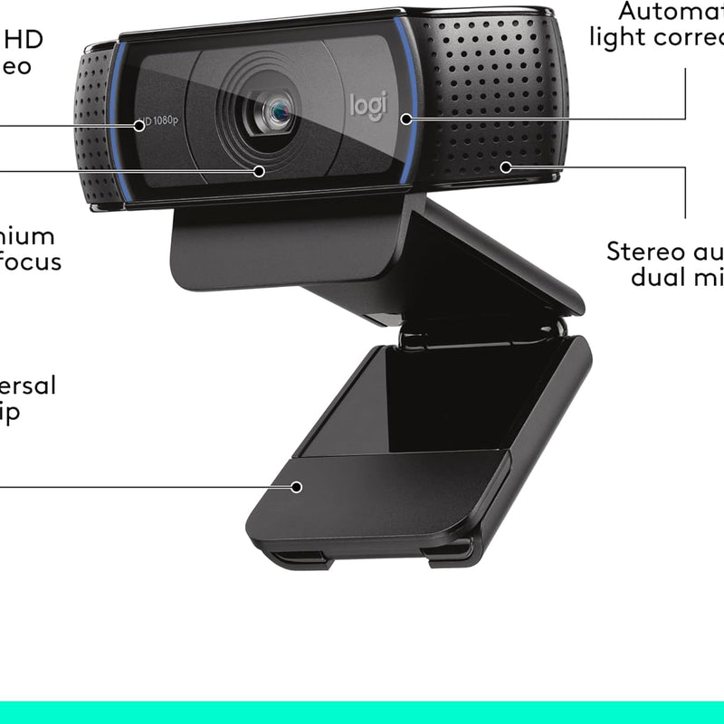 Logitech C920 HD Pro Webcam, Streaming, Full HD 1080p/30fps Video Calling, Clear Stereo Audio, HD Light Correction, Works with Skype, Zoom, FaceTime, Hangouts, PC/Mac/Laptop/Macbook/Tablet - Black