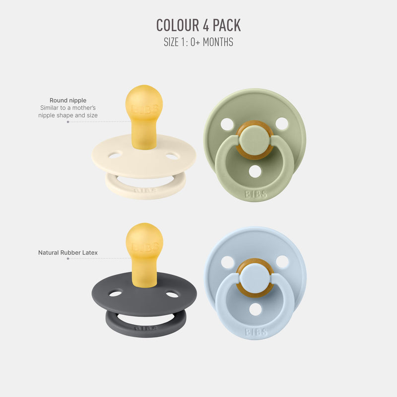 BIBS Dummies Colour 4-Pack, BPA Free Dummy Pacifier, Round Nipple Soothers, Natural Rubber Latex, Made in Denmark, Size 1 (0-6 Months), Cloud