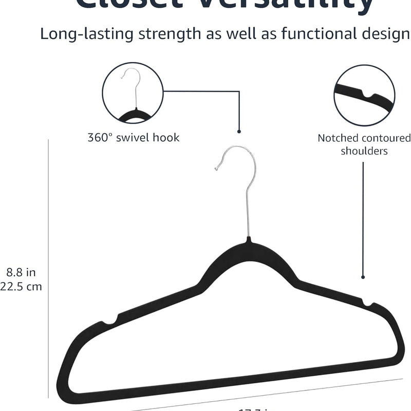 Amazon Basics Slim Velvet Non-Slip Suit Hangers - 30-Pack, Black/Silver