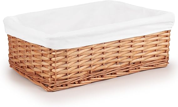 Woodluv Brown Wicker Storage Basket W/Off White Cloth Lining Xmas Hamper - Large