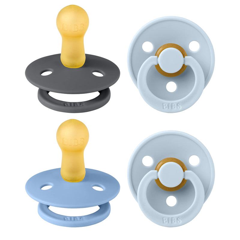 BIBS Dummies Colour 4-Pack, BPA Free Dummy Pacifier, Round Nipple Soothers, Natural Rubber Latex, Made in Denmark, Size 1 (0-6 Months), Cloud
