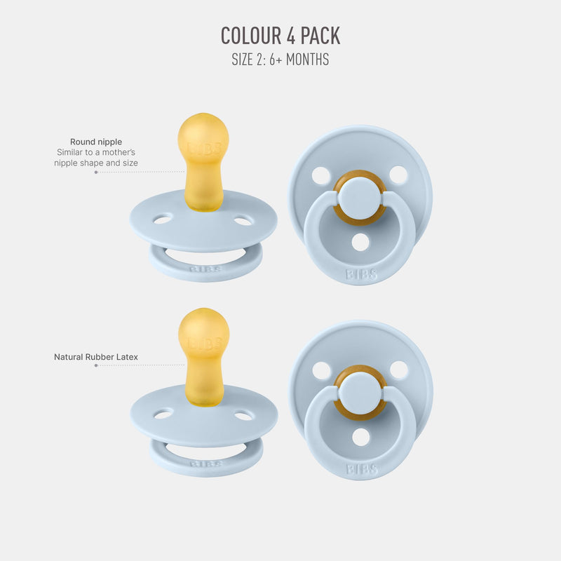 BIBS Dummies Colour 4-Pack, BPA Free Dummy Pacifier, Round Nipple Soothers, Natural Rubber Latex, Made in Denmark, Size 1 (0-6 Months), Cloud