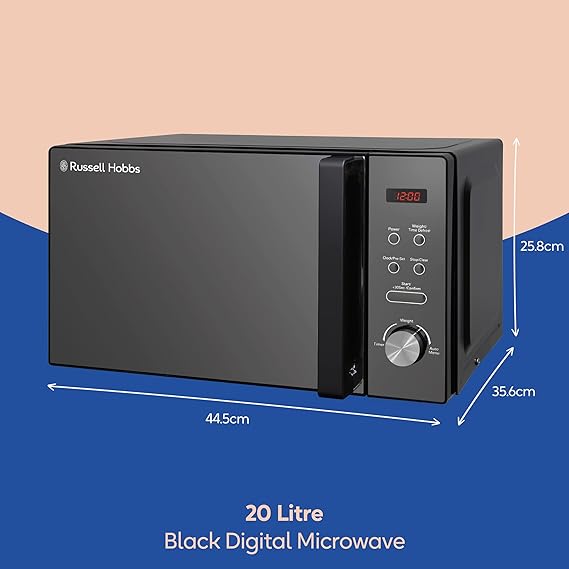Russell Hobbs RHM2076B 20 Litre 800 W Black Digital Solo Microwave with 5 Power Levels, Automatic Defrost, 8 Auto Cook Menus, Clock and Timer, Easy Clean