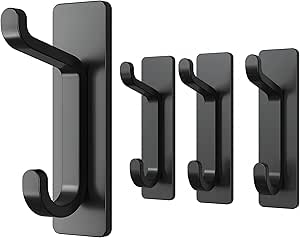Self Adhesive Hooks, Extra Sticky and Strong, Hanging up to 6KG, Heavy Duty Stick on, No-Nail Hook for Back of Door, Black, 4 Pack