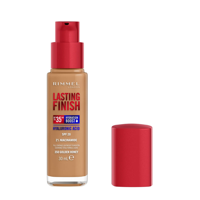 Rimmel Lasting Finish 35Hr Foundation 200 Soft Beige, Full Coverage, Hydrating, SPF20, Hyaluronic Acid, Vitamin E, 2% Niacinamide, All Day Wear, Vegan, Cruelty Free