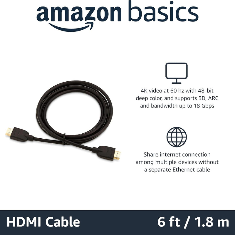 Amazon Basics 4K HDMI Cable 1.8m - 18Gbps High Speed with Ethernet, 4K@60Hz, 2160p, Black