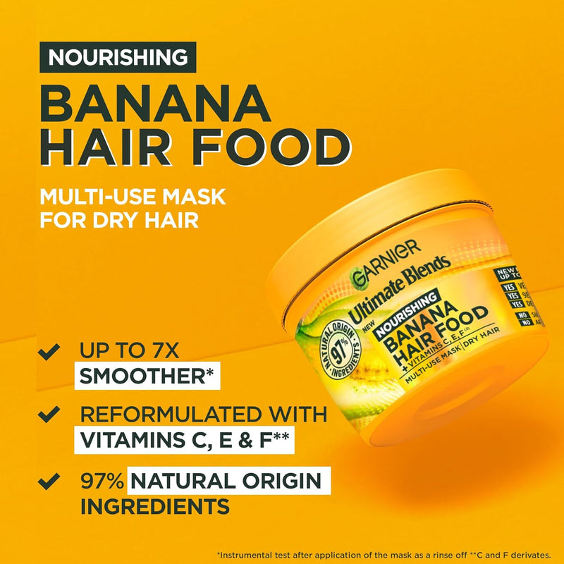 Garnier Hair Food Multi-use Hair Treatment Mask, Nourishes and Conditions, Ideal for Dry Hair, No Silicones, Vegan Formula, Banana, Ultimate Blends, 400ml