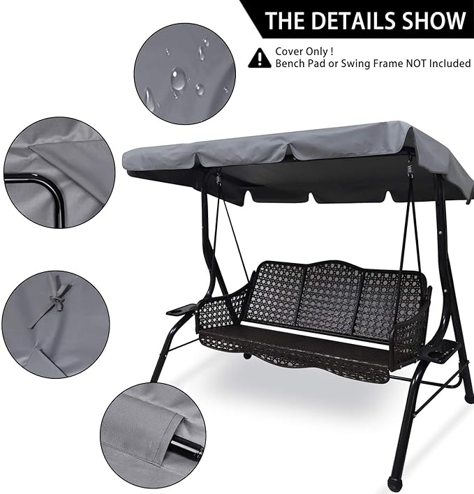 Swing Chair Canopy Replacement, 2 Seater Garden Swing Seat Canopy Cover, Waterproof Windproof Anti-UV Heavy Duty Rip Proof Garden Hammock Top Cover, Garden Furniture Cover Outdoors (Grey, Small)