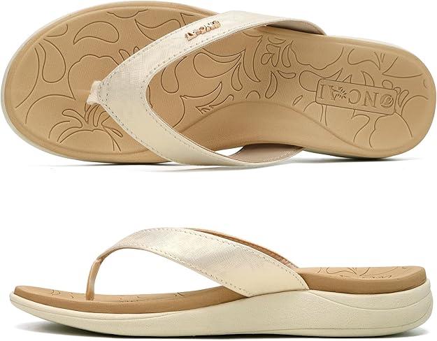 ONCAI Flip Flops for Women, Comfortable Leather Strap Orthotic Arch Support Summer Beach Flip Flops with Soft Cushion Yoga Foam Rubber Soles UK Size 3-10