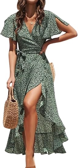 CUPSHE Women Summer Wrap Maxi Dress - Casual Split Flared Sleeve V-Neck Ditsy Dress with Tie Waist Ruffle