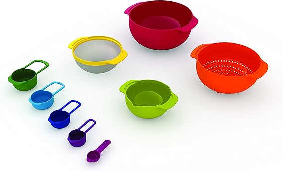 Joseph Joseph Nest 9 Plus, 9 Piece Compact Food Preparation Set with Mixing Bowls, Measuring cups, Sieve and Colander, Red