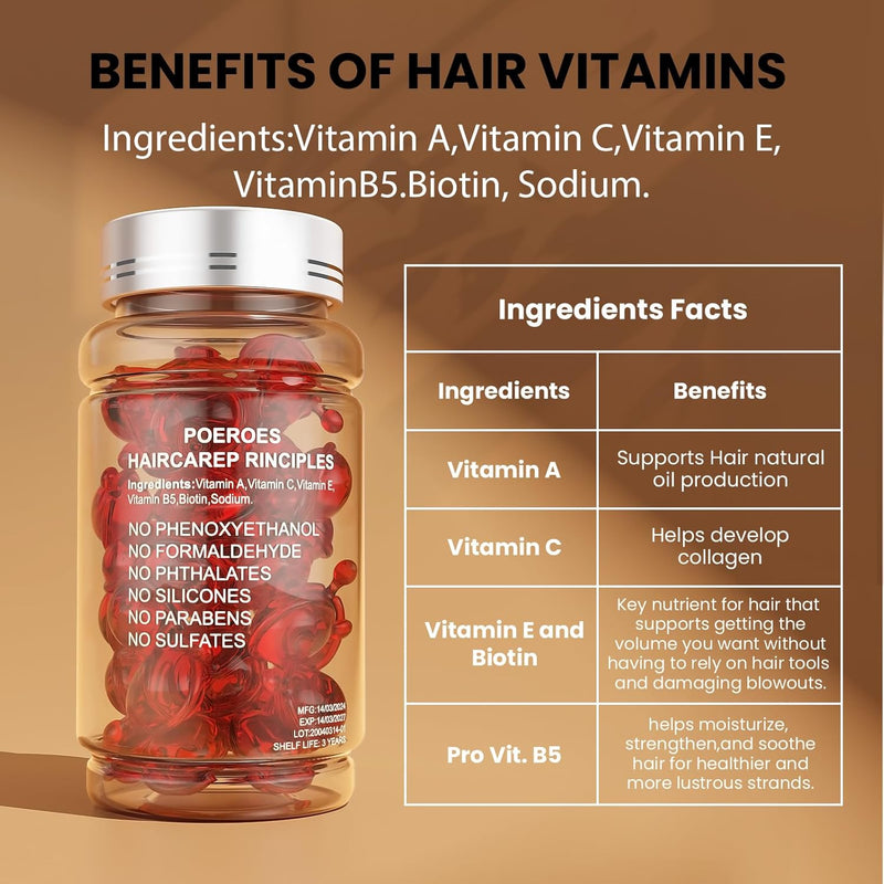 Hair Treatment Serum 50 Capsules Hair Vitamins A C E Pro B5 - Hair Serum for Frizzy and Damaged Hair - Hair Oil with Argan & Avocado Oil - Leave in Conditioner for Women & Men