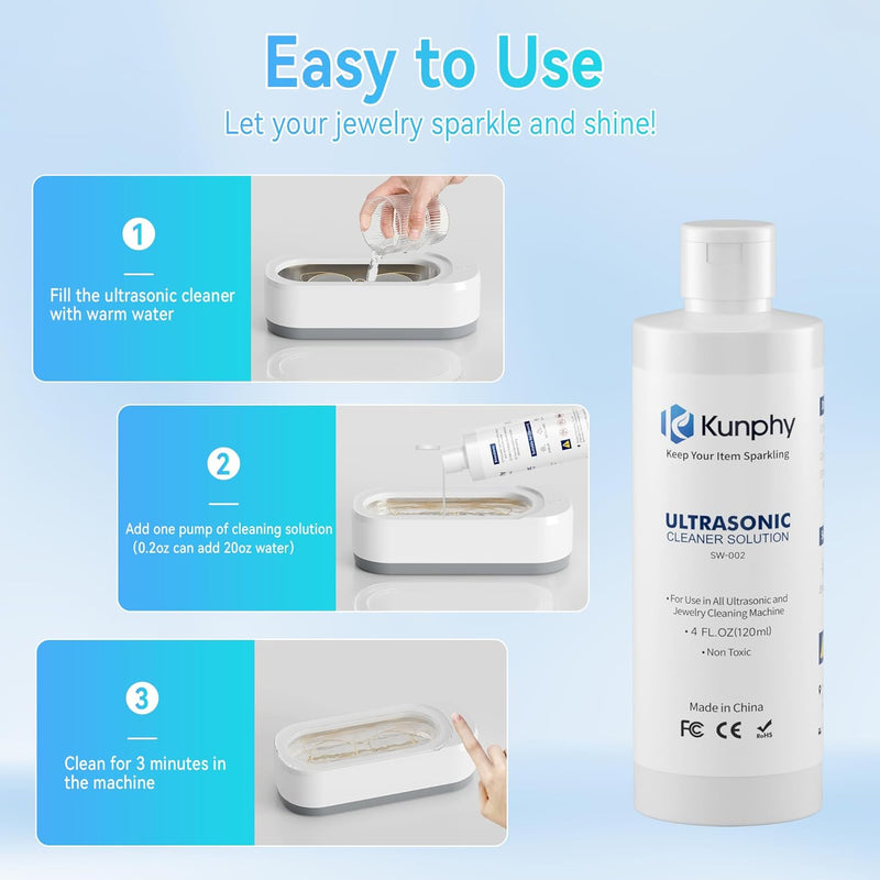 Kunphy Ultrasonic Jewellery Cleaner, Professional Ultrasonic Cleaner Fluid for Use in All Ultrasonic Cleaner Machines, Cleaning Agent Suitable for Cleaning Jewellery, Glasses etc, 120ML