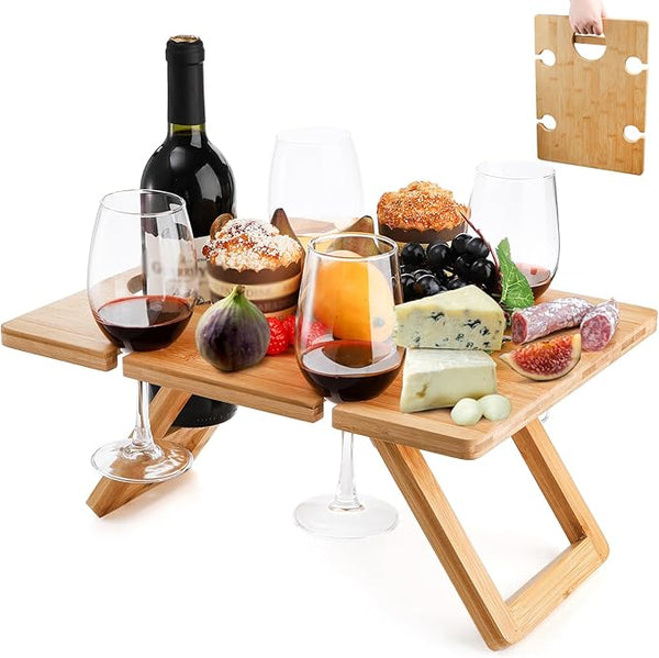 YOUEON Portable Wine Picnic Table with 5 Wine Glasses Holder, Foldable Champagne Snack Tables, Beverage and Cheese Table for Picnic, Camping, Park, Beach, Outdoor Lover Gift